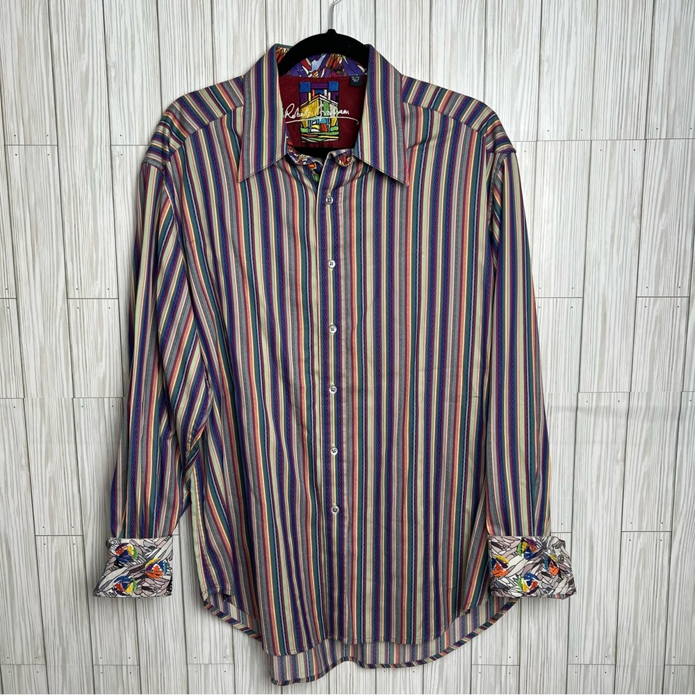 Robert Graham Men’s Long Sleeve Button Front Striped Shirt Flip Cuff Size XL‎